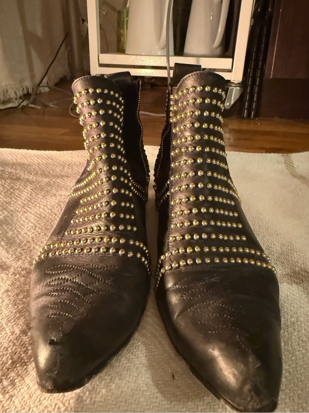 Anine Bing Black Leather Ankle Boots with Gold Studs